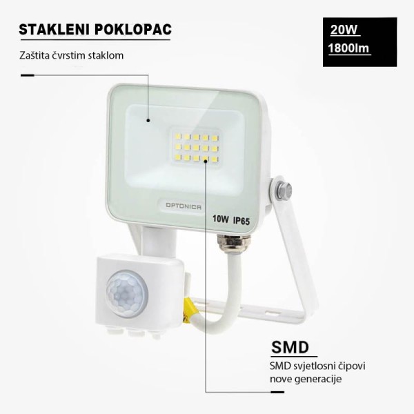 Bijeli LED reflektor 20W 1800 lm s PIR senzorom pokreta