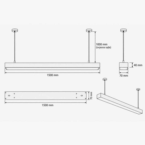 Crna linearna ovjesna svjetiljka 45W 3600 lm 1200 mm 4000K Cynideco