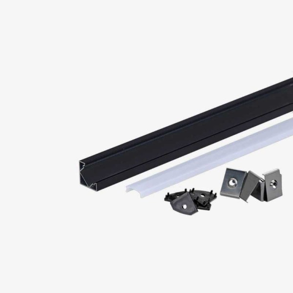 Crni kutni nadgradni aluminijski profil za LED traku opalno bijeli difuzor 19 x 19 mm