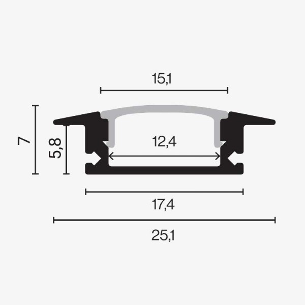 Crni ugradbeni aluminijski profil za LED traku opalno bijeli difuzor 17.4x7.0x12.4 mm