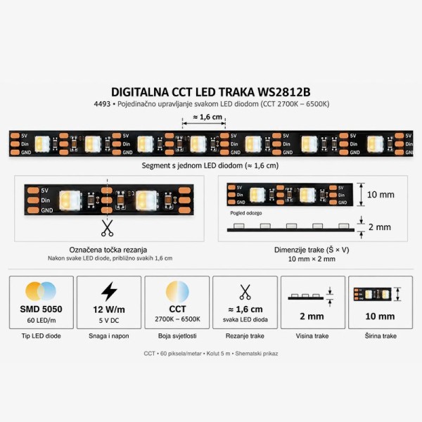 Digitalna CCT LED traka SK6812 5V 12 W/m 60/SMD m IP20