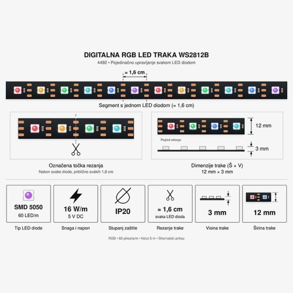 Digitalna RGB LED traka WS2812B 5V 8 W/m 30/SMD m IP20