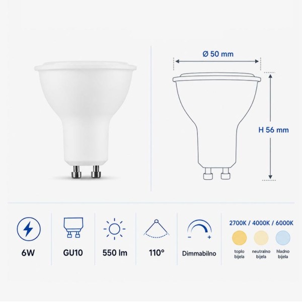 Dimabilna GU10 LED žarulja 6W 550 lm