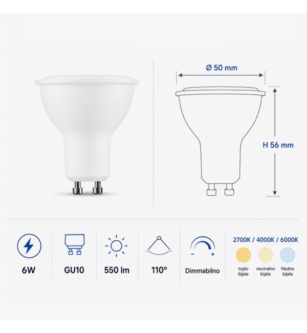 Dimabilna GU10 LED žarulja 6W 550 lm