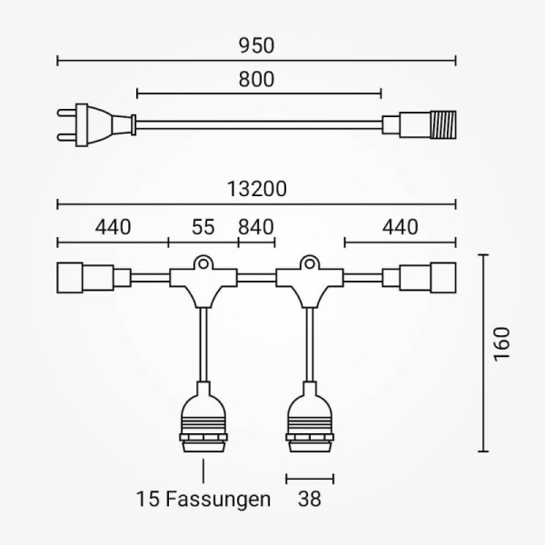 Lanac za LED žarulje E27 15 grla 14.4 metara IP65 opuštena grla