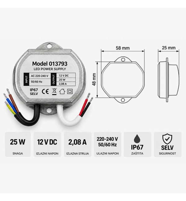 LED napajanje za instalacijsku kutiju 12V 25W IP67