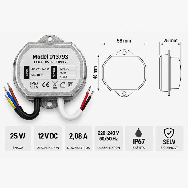 LED napajanje za instalacijsku kutiju 12V 25W IP67 LED napajanje za instalacijsku kutiju 12V 25W IP67