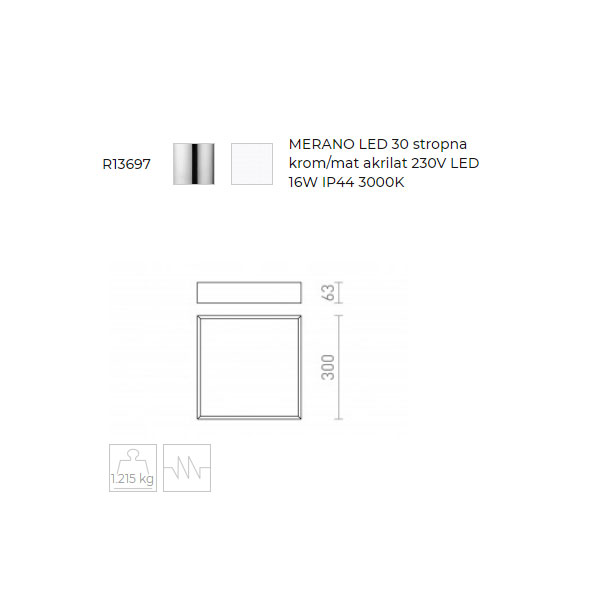 Merano 30 kvadratna stropna svjetiljka krom/mat akrilat 230V LED 16W IP44 3000K 1300 lm Ra 80