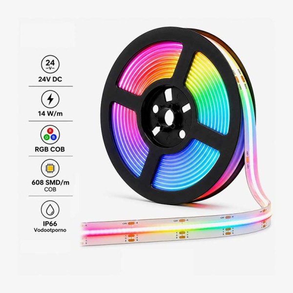 RGB COB LED traka 24V DC 14W/m 608 smd/m  IP66 - 5 metara