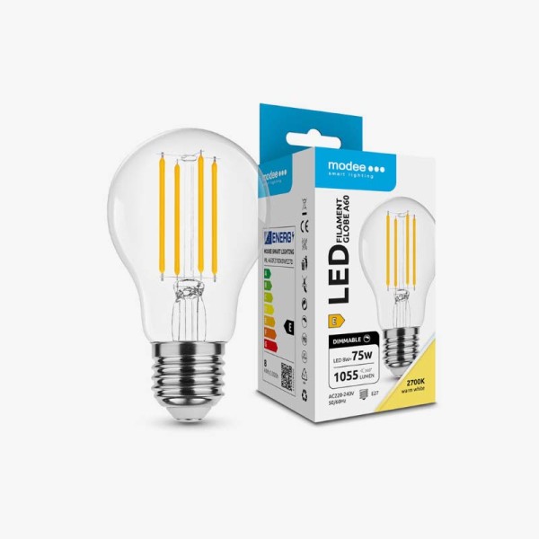 Staklena dimabilna filament LED žarulja E27 8W A60