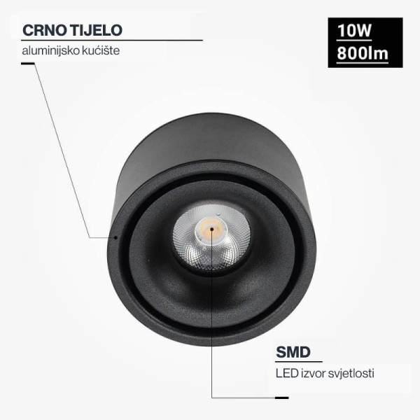 Stropna nadgradna crna LED svjetiljka 10W 800 lm Bridgelux Chip