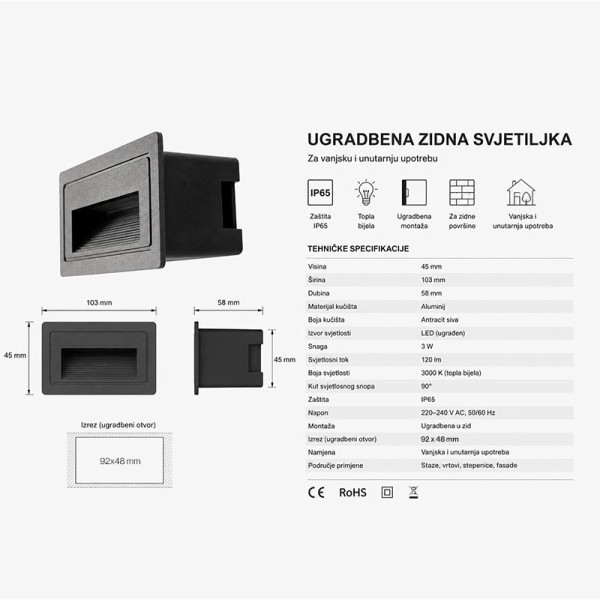 Ugradna zidna LED svjetiljka 3W 210 lm 4000K IP65