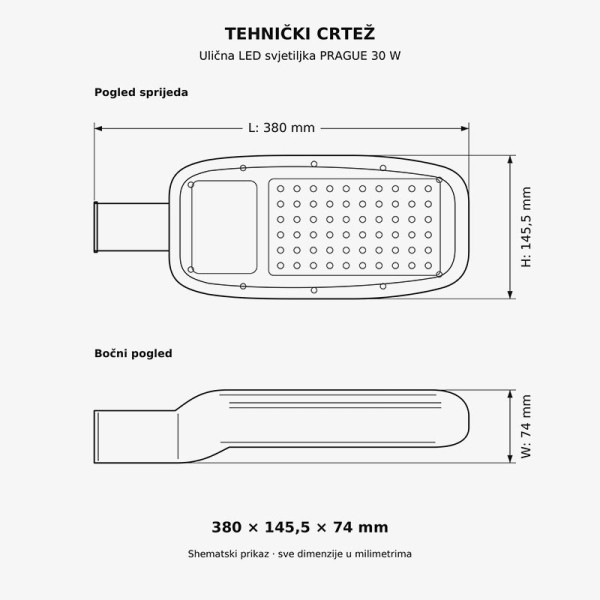 Ulična LED svjetiljka visoke učinkovitosti 30 W 3600 lm IP65 70°x135°