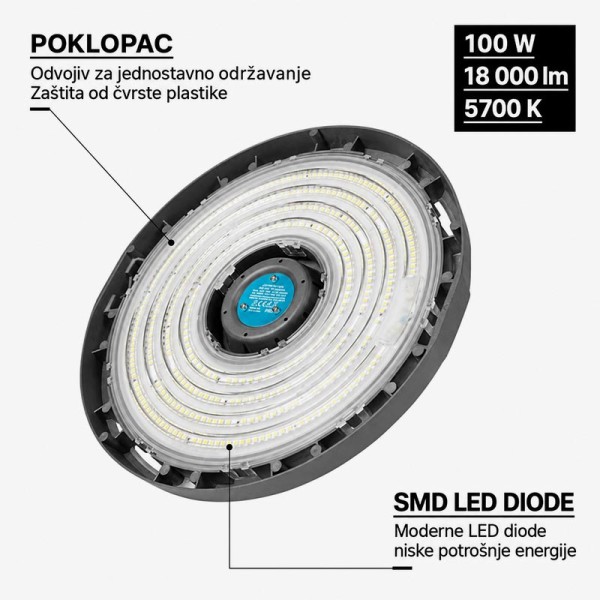 Visokoučinkovita industrijska ovjesna LED svjetiljka 100W 180 lm/W 5700K IP65 Visokoučinkovita industrijska ovjesna LED svjetiljka 100W 180 lm/W 5700K IP65